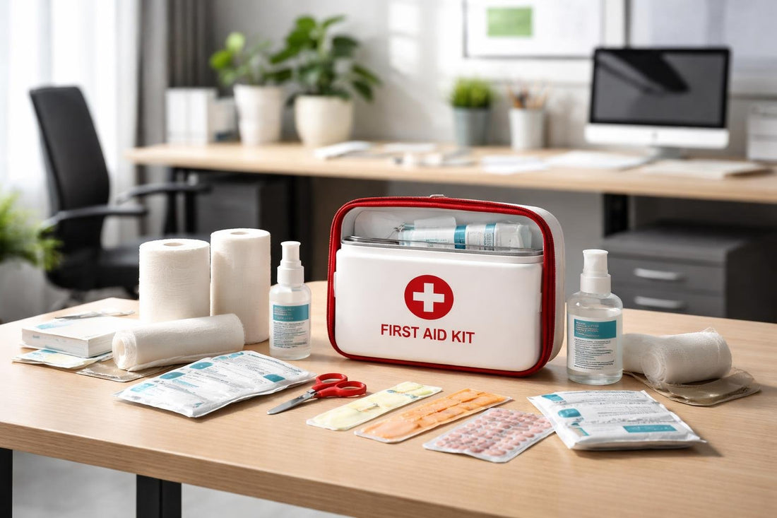 First aid kit and supplies on office desk