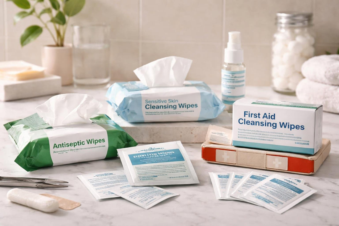 First aid wipes and cleansing cloths laid out