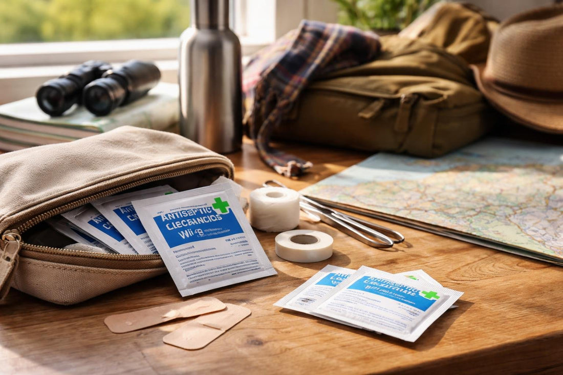 First aid cleansing wipes packed for Scotland travel