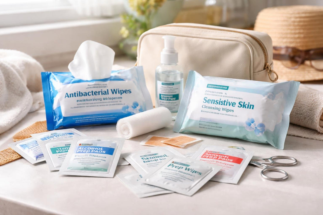 Travel first aid cleansing wipes and sterile prep pads