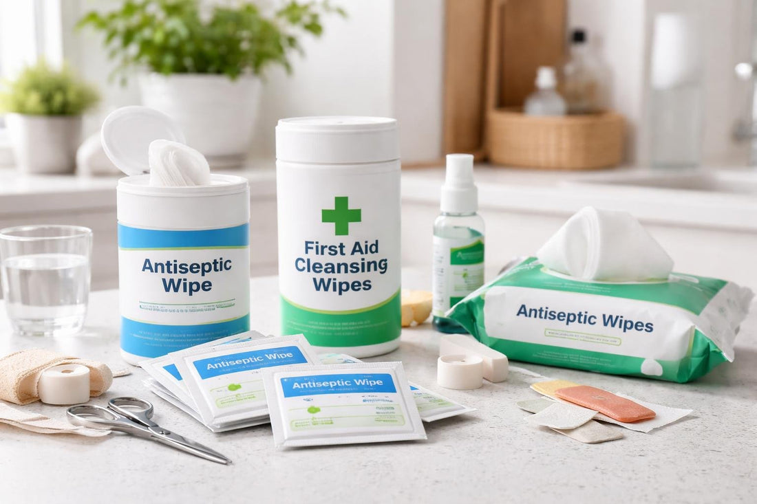 Assortment of first aid cleansing wipes and canisters