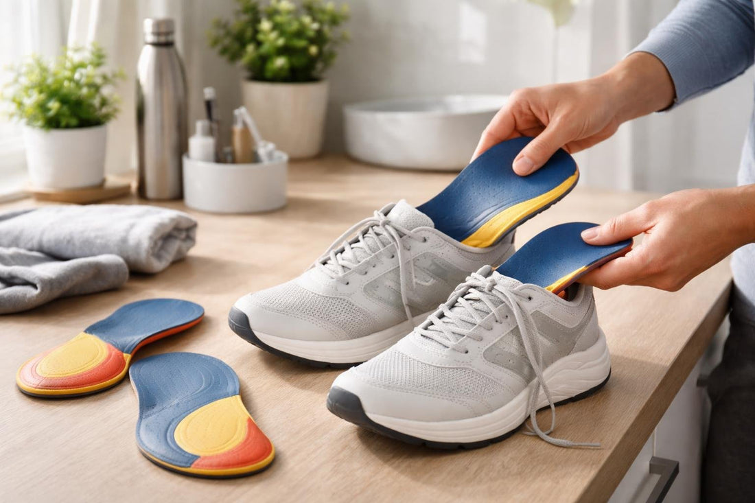 Orthotic insoles being fitted into trainers for support