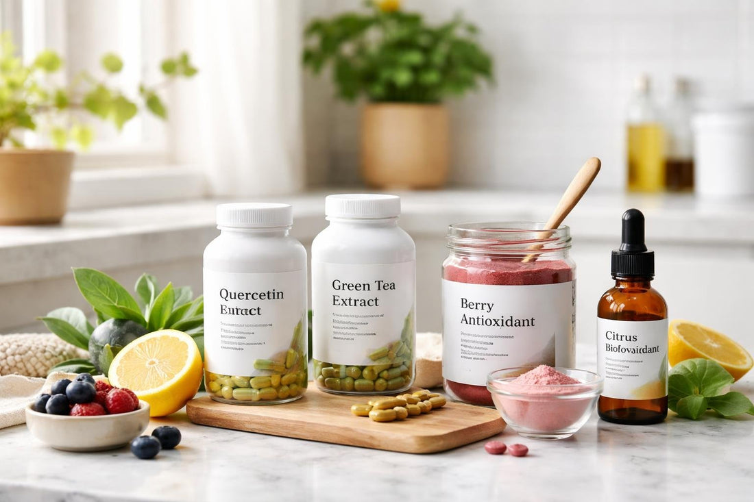 Beginner-friendly flavonoid antioxidant supplements on a kitchen counter