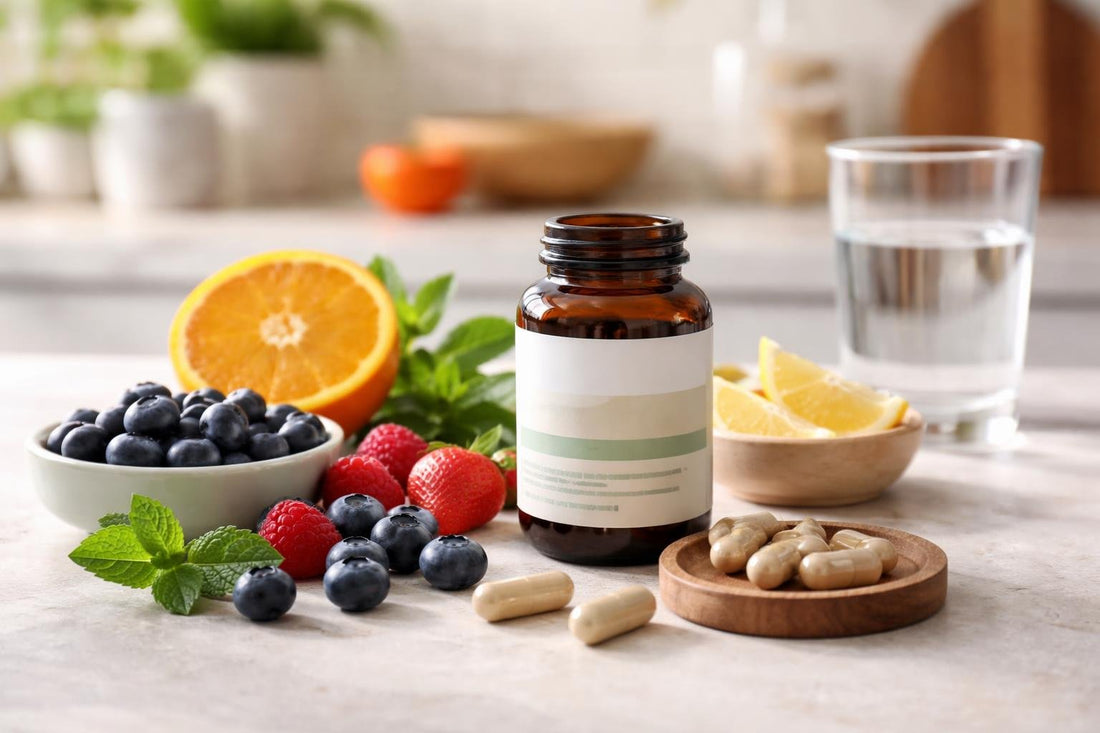 Flavonoid antioxidant supplement capsules beside berries and citrus