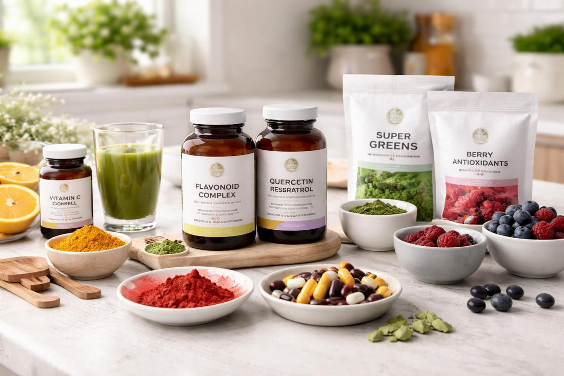 assorted flavonoid supplements and antioxidant powders