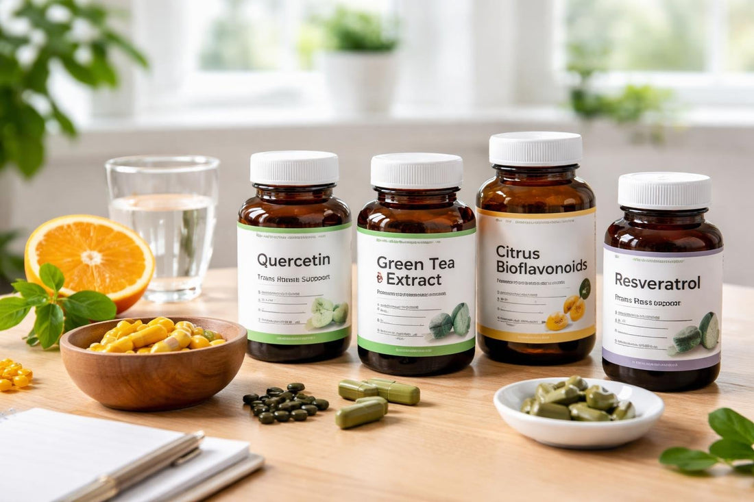 bottles of flavonoid antioxidant supplements on wooden table