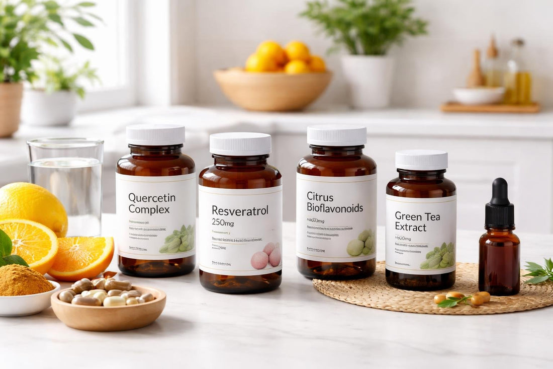 Selection of flavonoid antioxidant supplement bottles