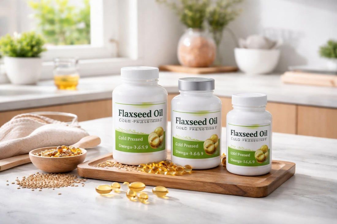 Beginner choosing flax seed oil capsules from a collection