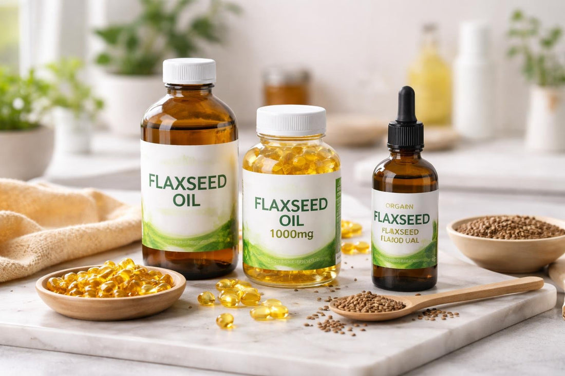 assorted flax seed oil bottles and capsules on table