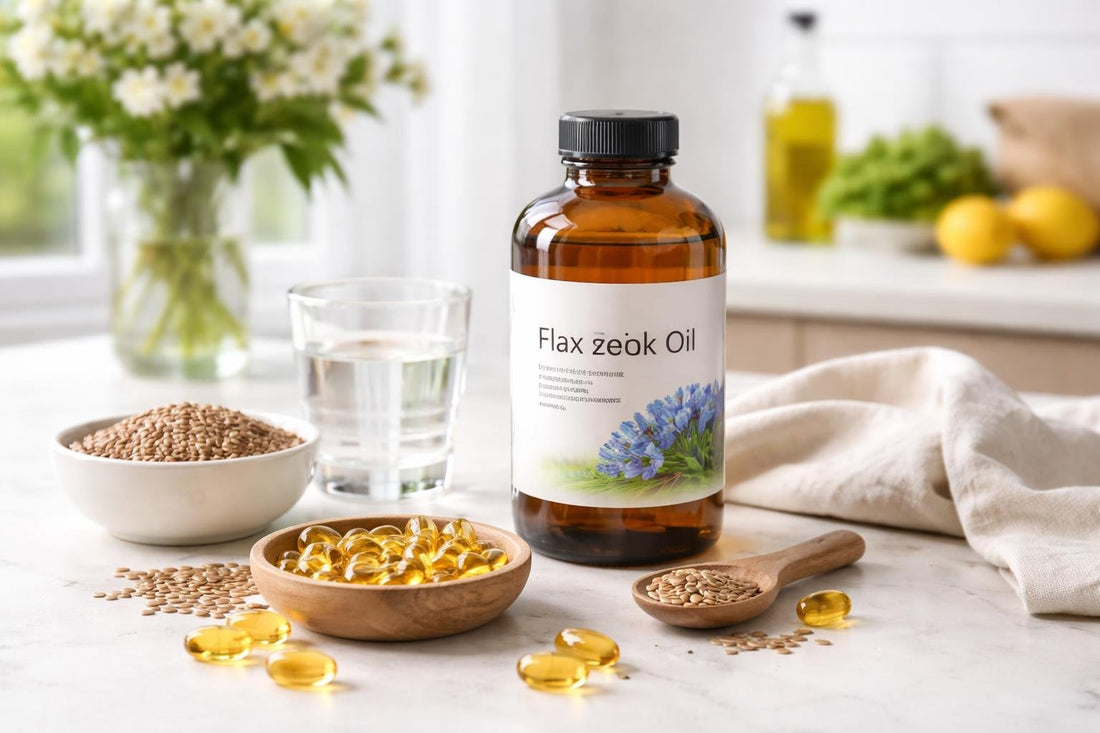 Flax seed oil capsules and liquid bottle on kitchen counter