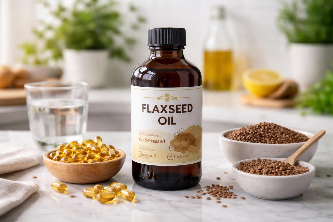 dark glass bottle of cold-pressed flax seed oil