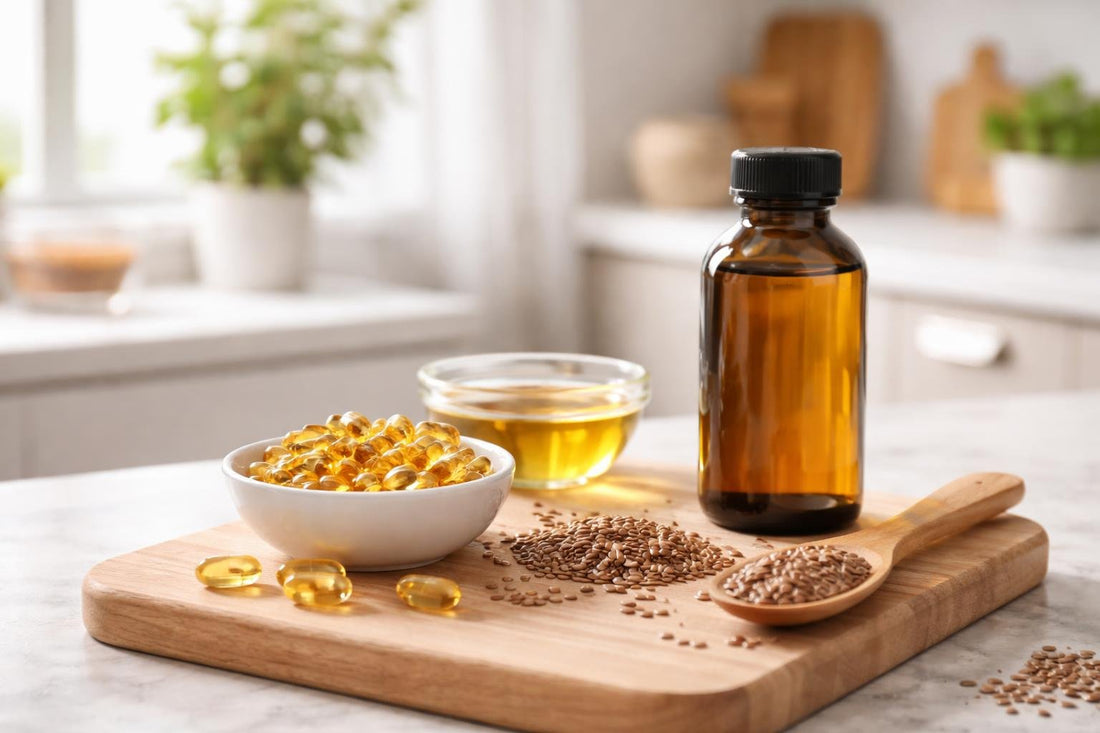 Flax seed oil capsules and liquid bottle on kitchen counter