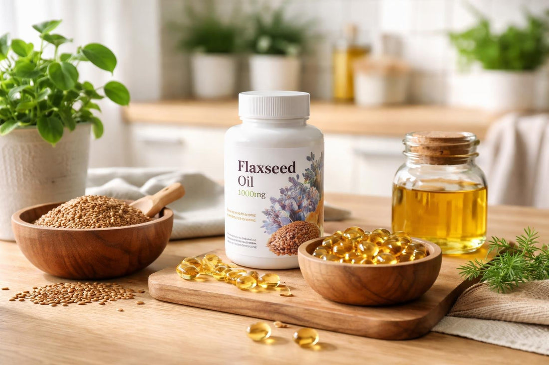 Flax seed oil supplements on a wooden table
