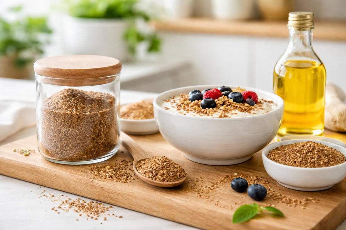 Ground flaxseed and linseed supplements with spoon and yoghurt
