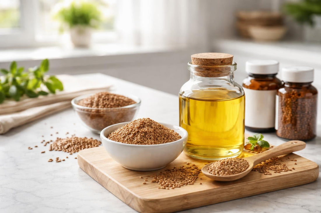 Jar of flaxseed oil and ground linseed seeds