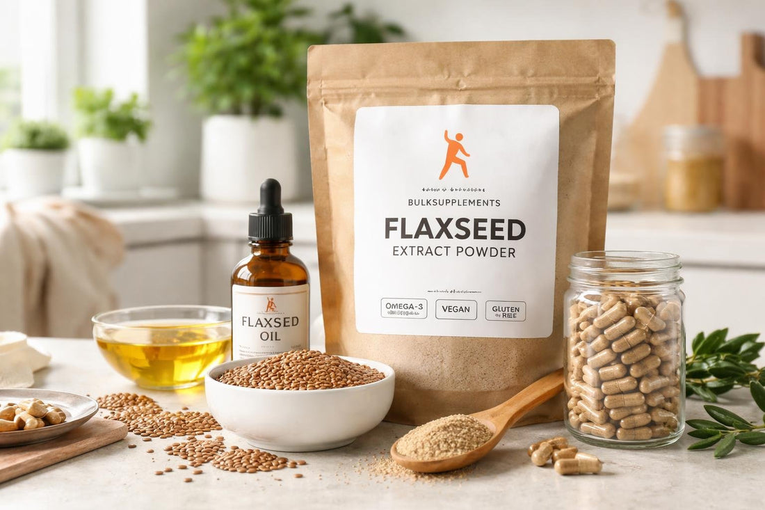 flaxseed linseed supplements in jars and spoons