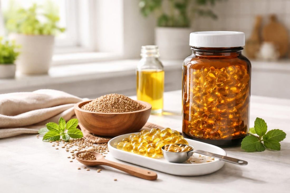 Jar of flaxseed linseed supplements and measuring spoon