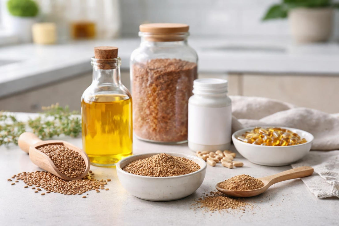 Milled linseed and flaxseed oil supplements on kitchen counter