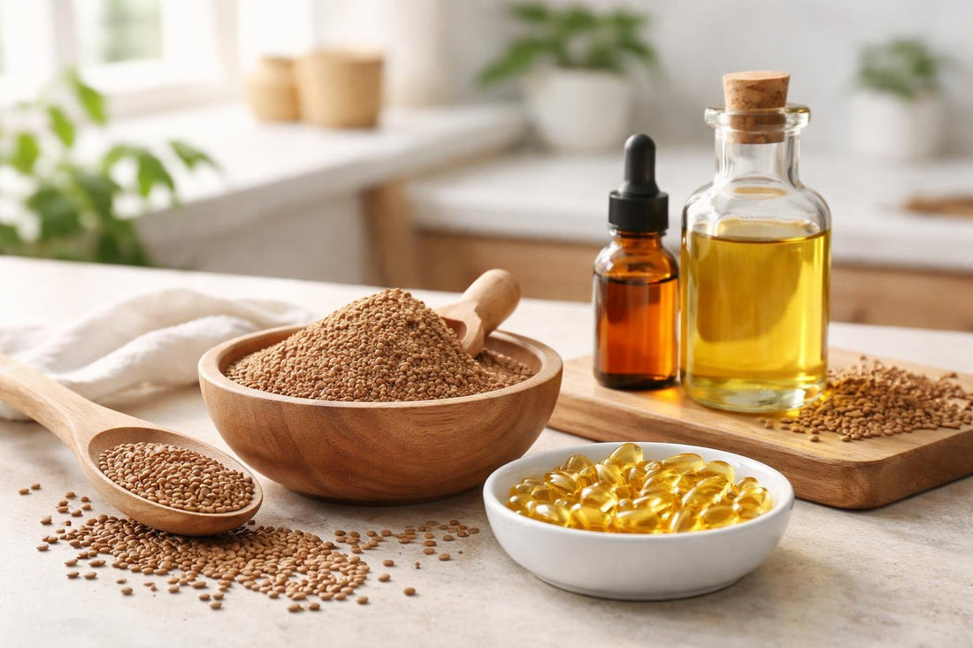 Flaxseed oil capsules and ground linseed powder on table