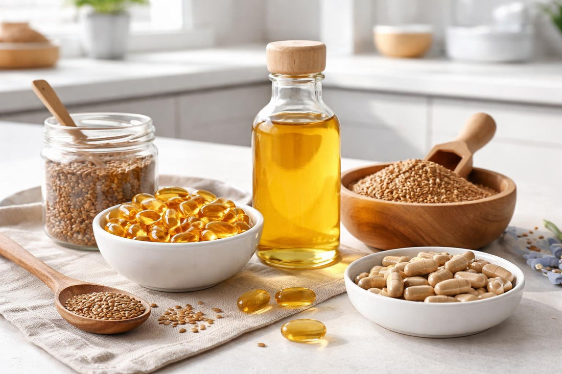 Flaxseed capsules, linseed oil and ground seed on table