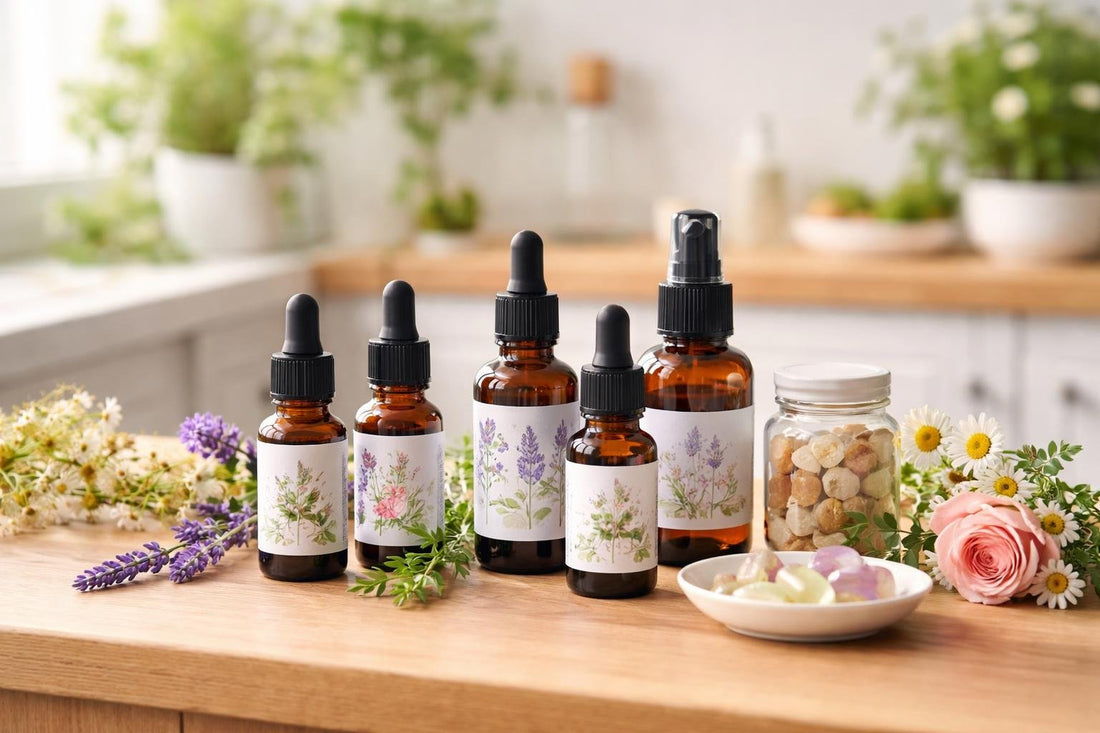 Assorted flower essence remedies bottles on wooden table