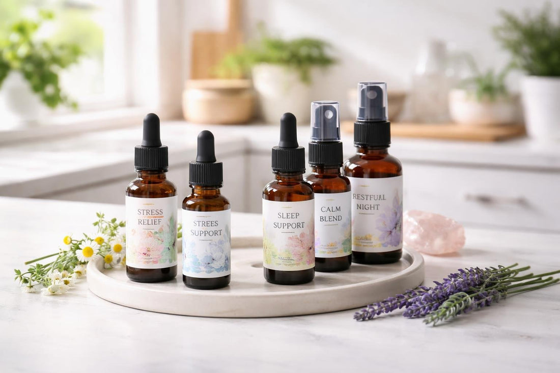 Flower essence remedies collection bottles and sprays