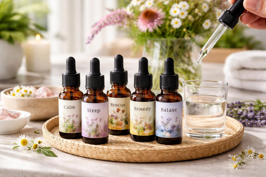 Assorted flower essence bottles and drops