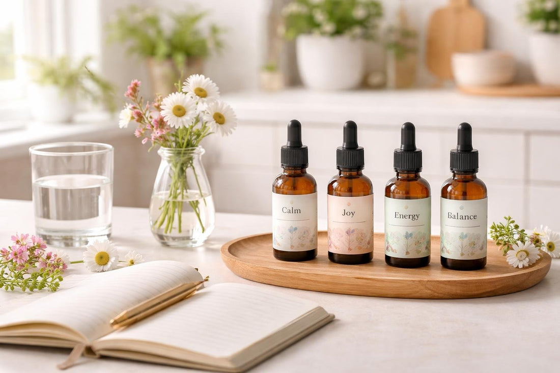 Flower essence remedy bottles beside notebook for daily routine