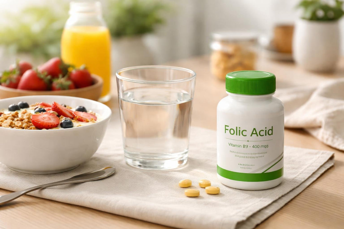 Folic acid vitamin B9 tablets beside breakfast and water