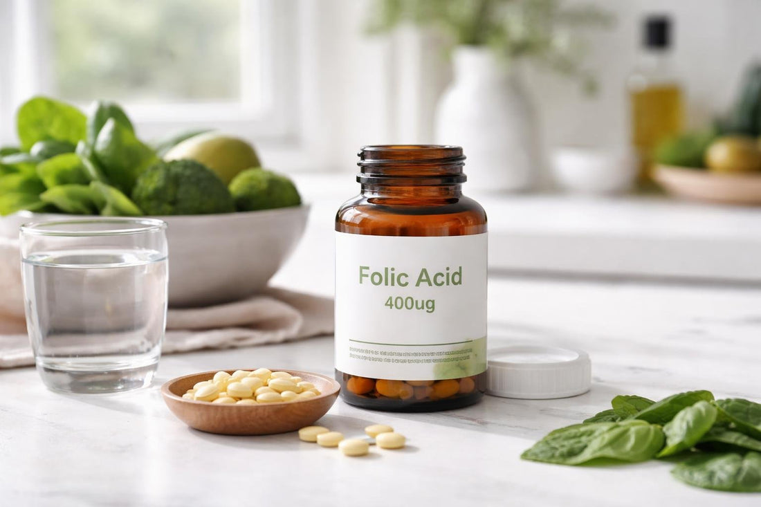 bottle of folic acid supplements with leafy greens