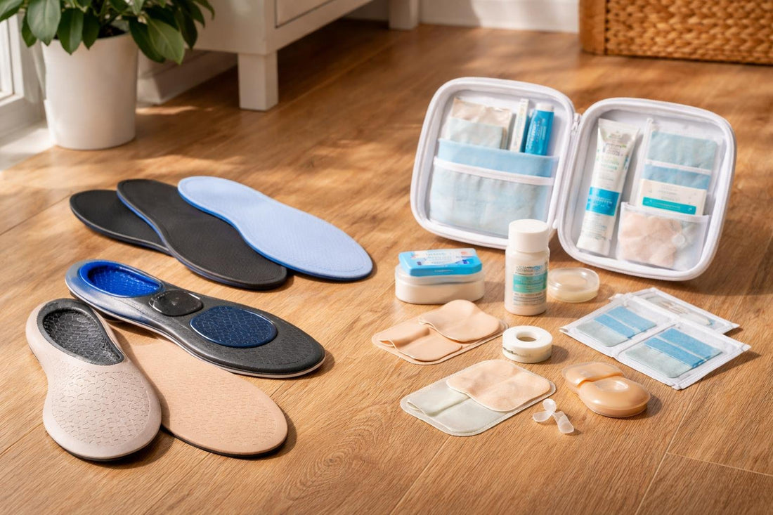 Assorted insoles and blister care kit on wooden floor