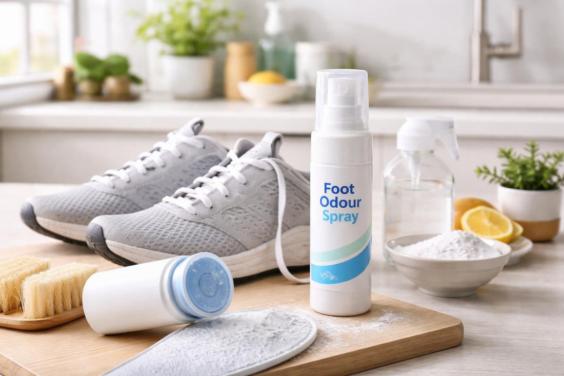 Trainer with spray and powder for foot odour