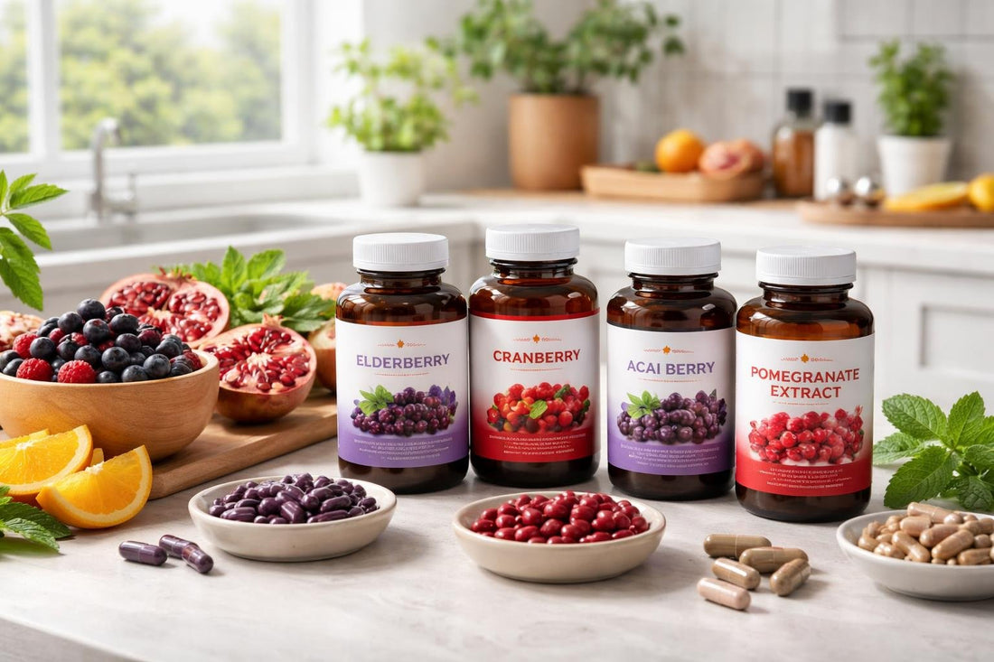 Selection of fruit extract supplement capsules and bottles