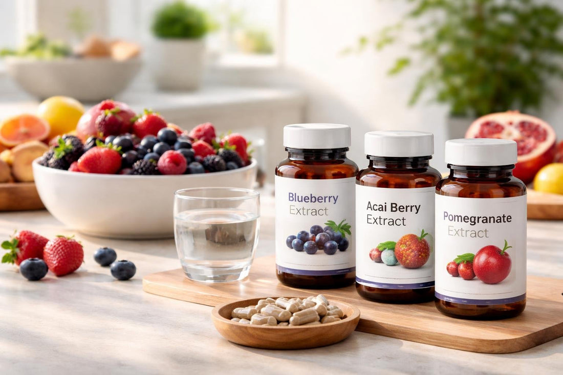 Assorted berry fruit extract supplements beside fresh fruit bowl