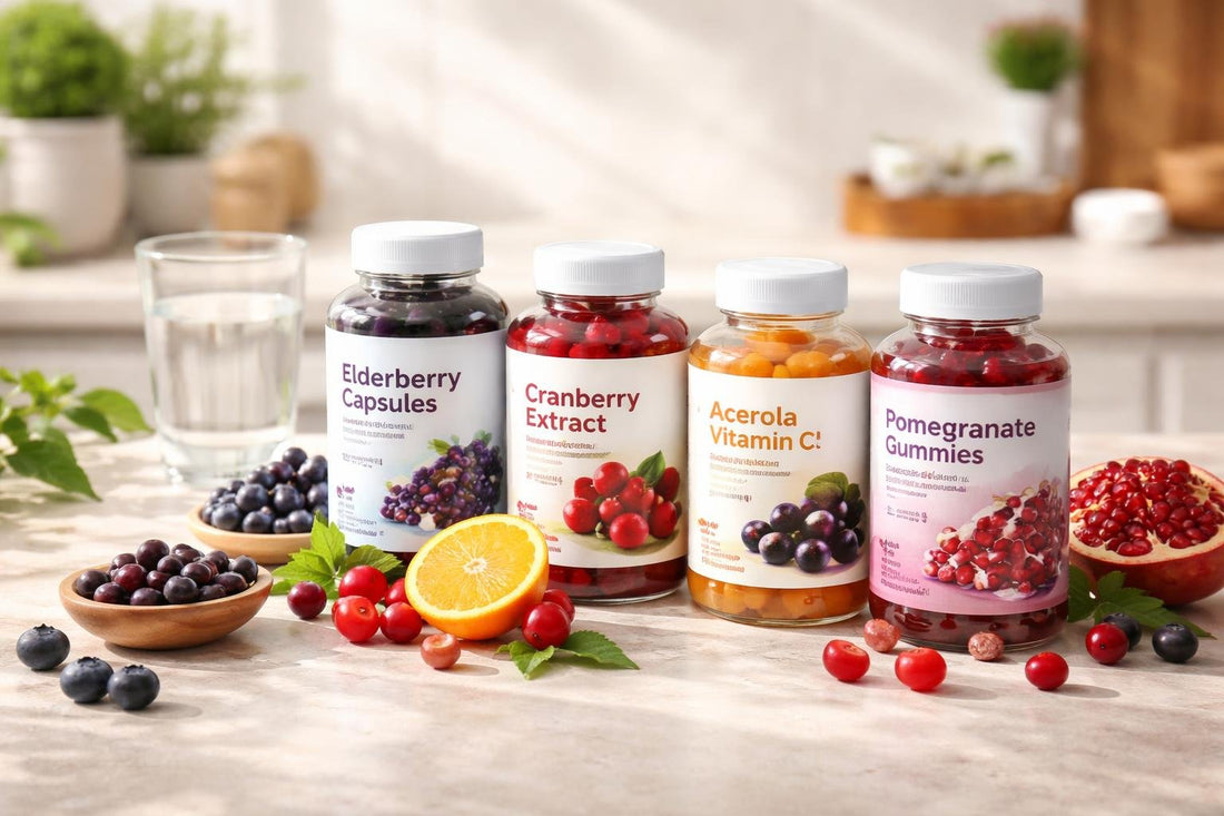 Assorted fruit extract supplement bottles and gummies on a table