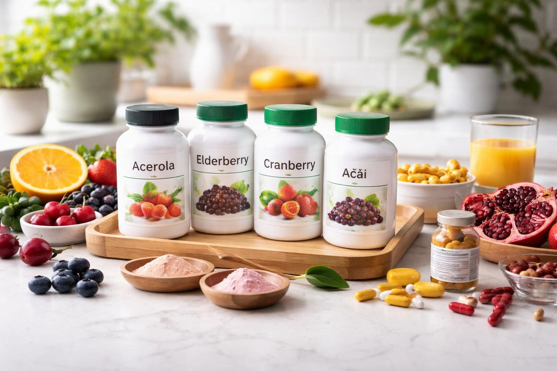 assorted fruit extract supplement bottles and powders