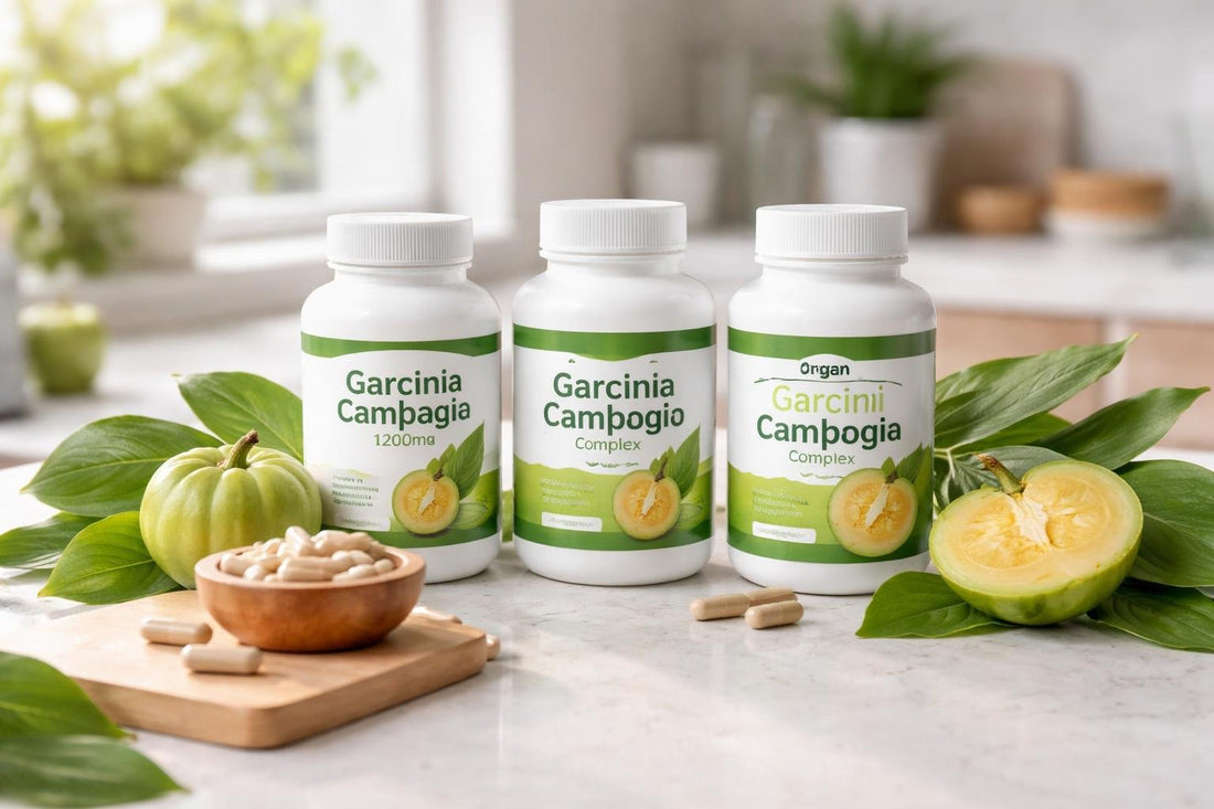 Garcinia Cambogia supplement bottles and fresh leaves