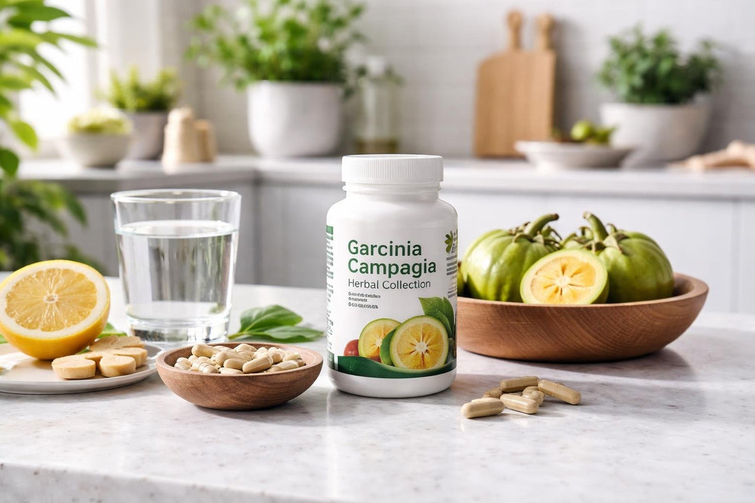 Garcinia cambogia herbal supplement capsules on kitchen counter