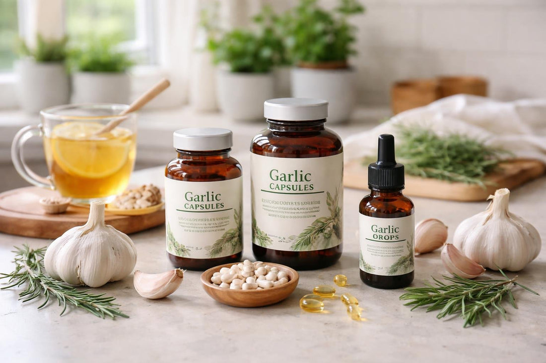 Garlic herbal supplements arranged for seasonal wellness routine