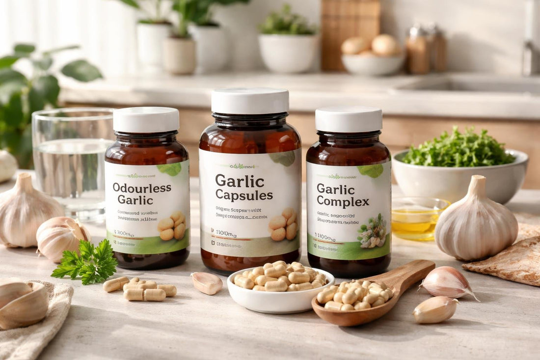 garlic supplement collection bottles and capsules