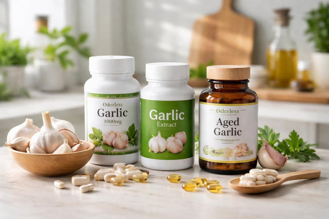 garlic supplement bottles and fresh garlic cloves