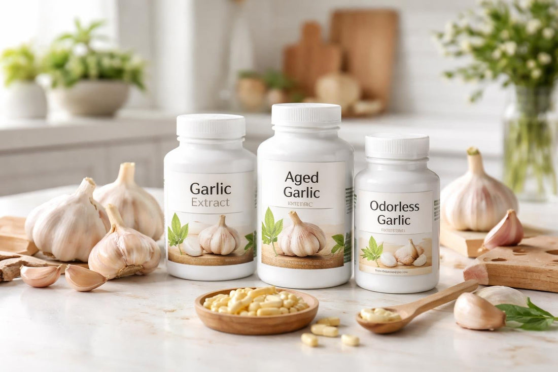 Garlic supplement bottles and fresh garlic cloves