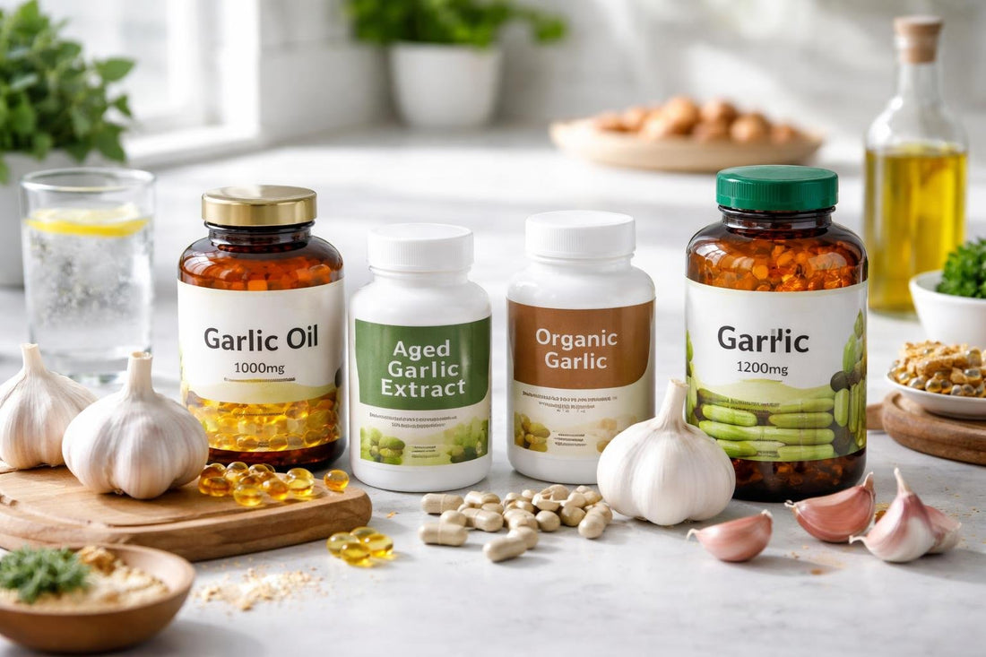 garlic supplement bottles and fresh garlic cloves
