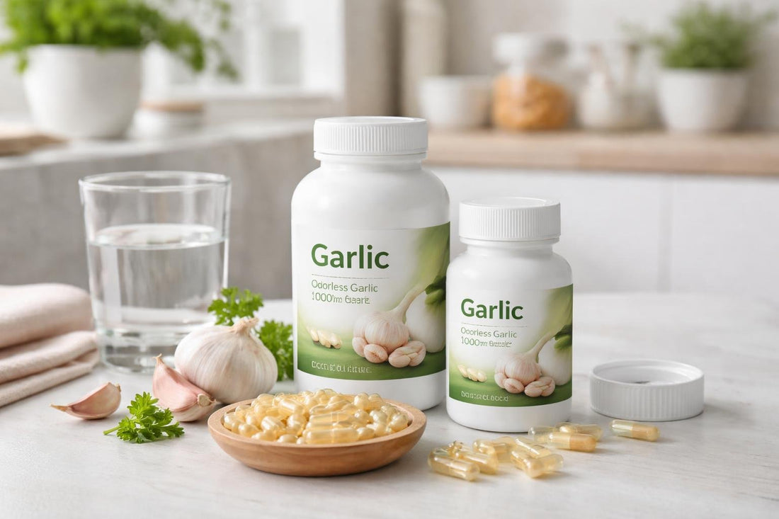 garlic supplement bottles and capsules close-up