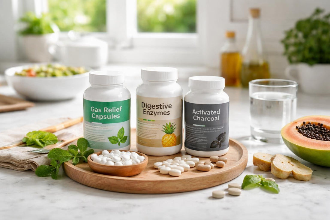 Assorted anti-bloating tablets and enzyme supplements