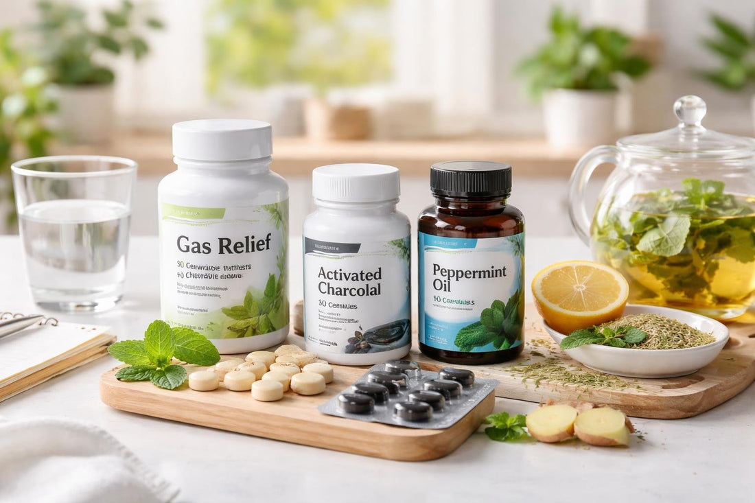 Assorted abdominal gas relief supplements and tips