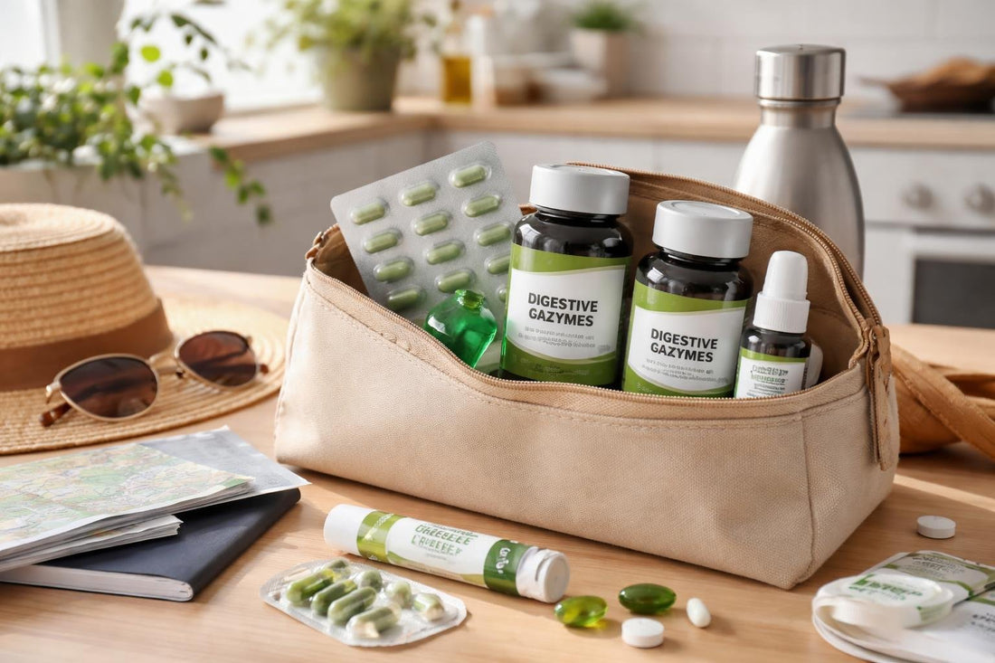 Travel kit with abdominal gas relief products on table