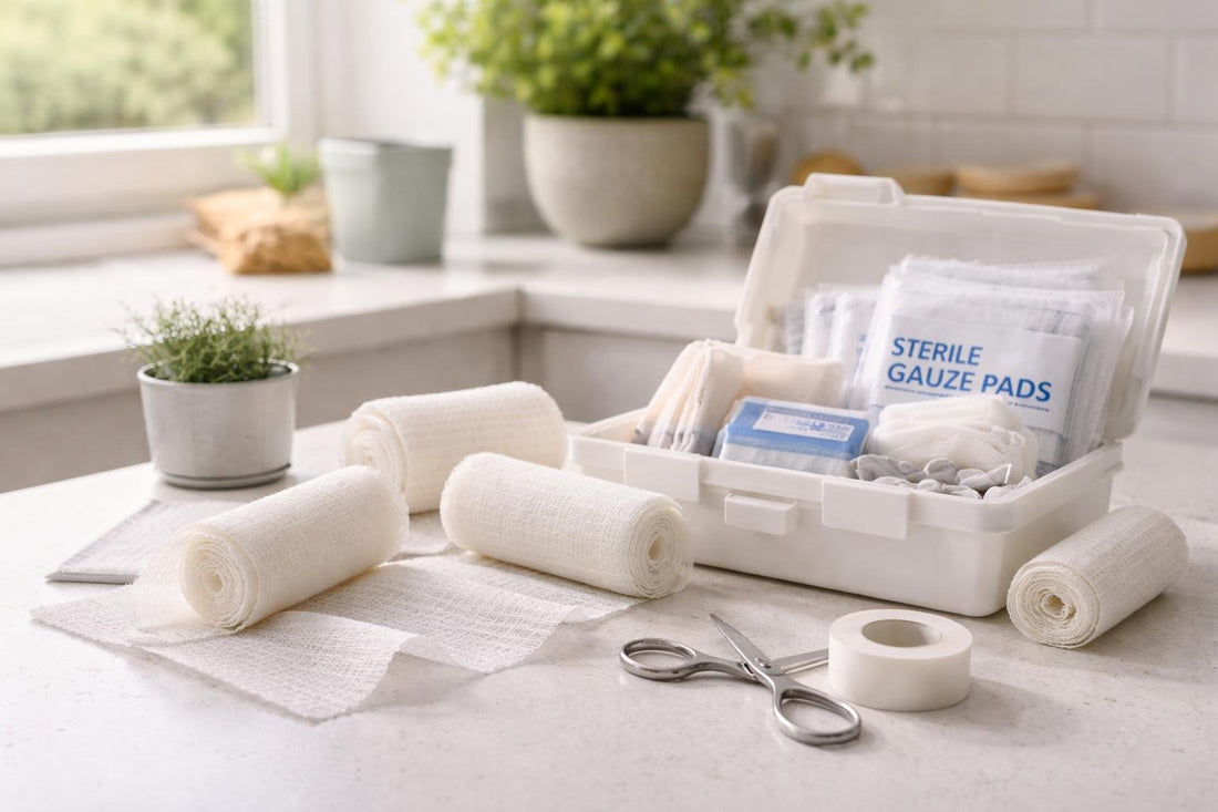 Sterile gauze pads and rolls in a home first aid kit