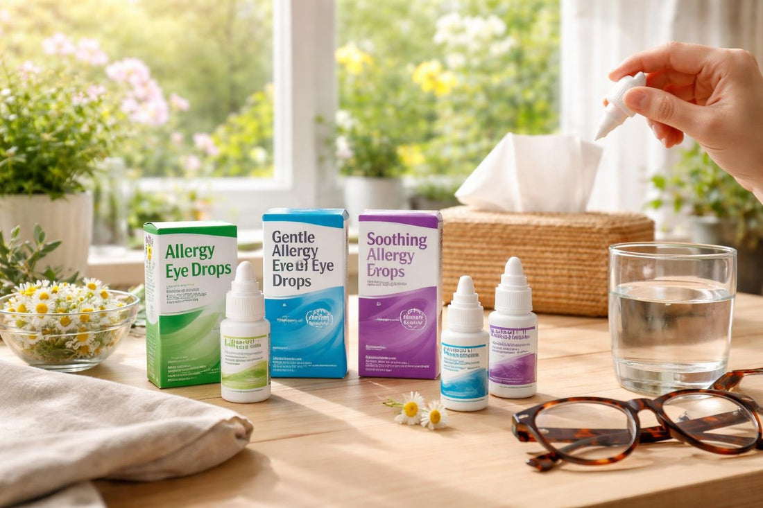 Beginner using gentle allergy eye drops during pollen season
