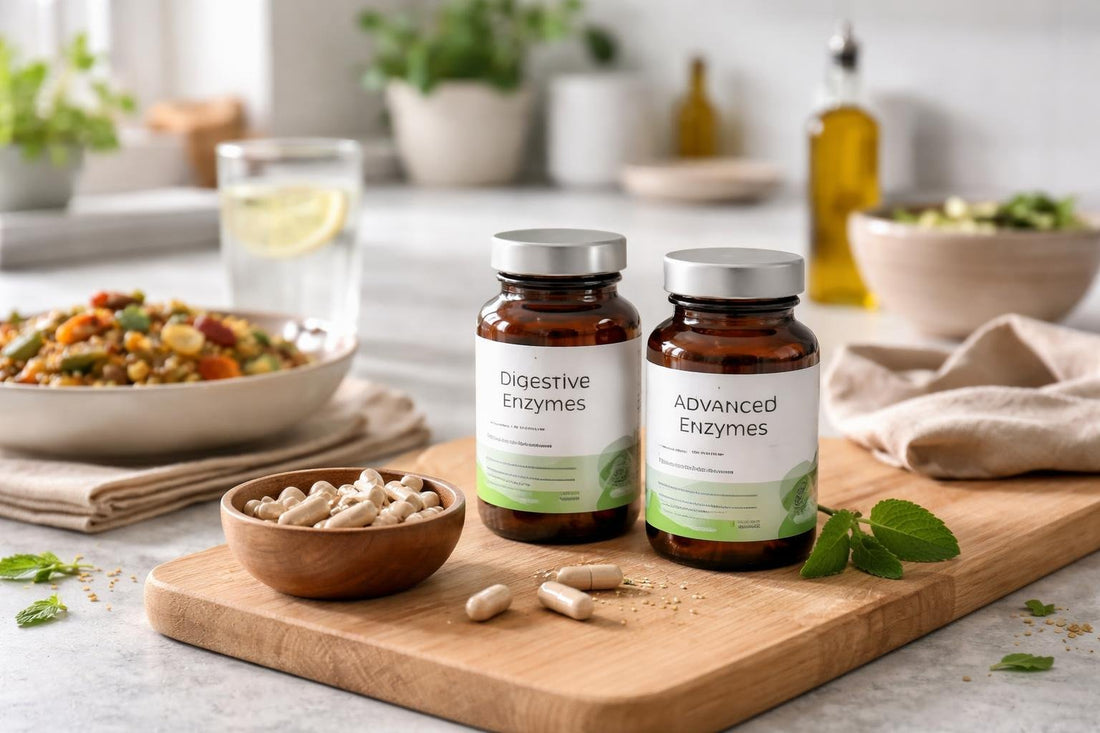 Gentle digestive enzyme supplements beside seasonal meals